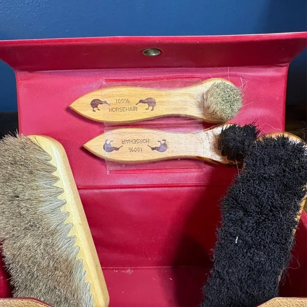 Vintage 1960's Kiwi Shoe Shine Kit 4 Horsehair Brushes Black Brown Polish Case